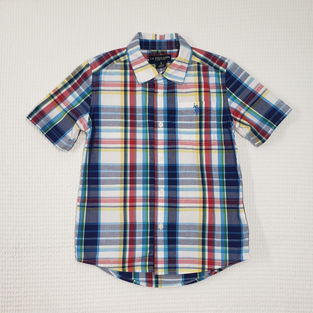 U.S. Polo Assn. Button Down Shirt Boys Medium 8 Blue Plaid Short Sleeve Preppy